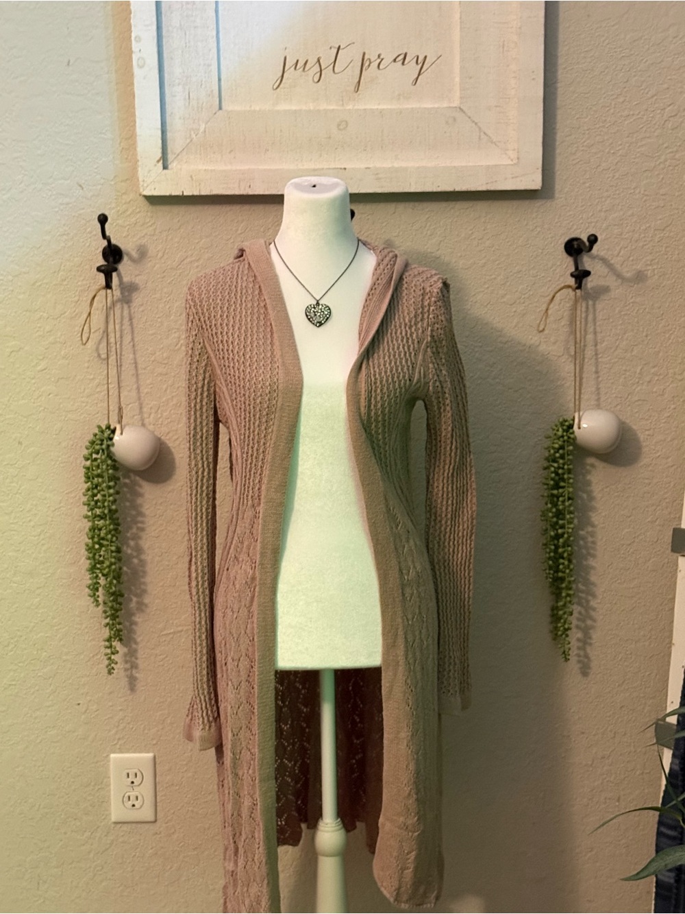 Belldini Long Open-Front Hooded Cardigan in Taupe